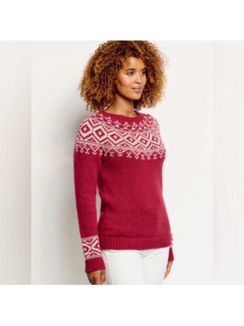Orvis dark red and white, fairisle vibes, wool/cashmere blend sweater, Sz S.